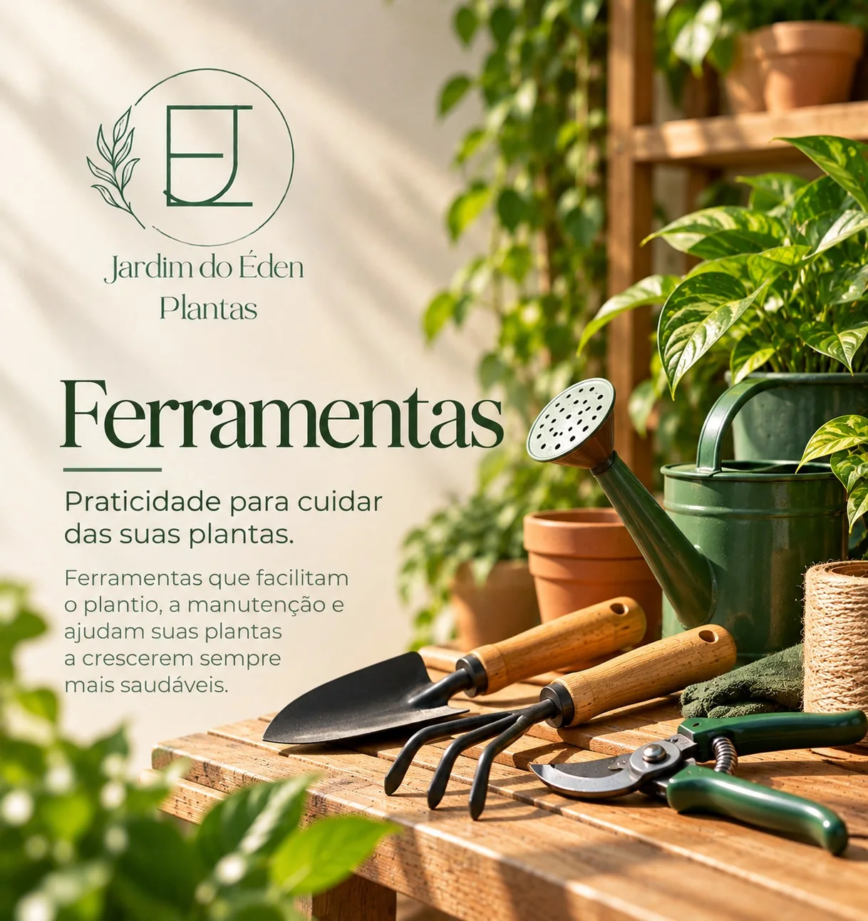 Ferramentas de jardinagem: pá, rastelo e tesoura de poda sobre mesa de madeira, com regador verde