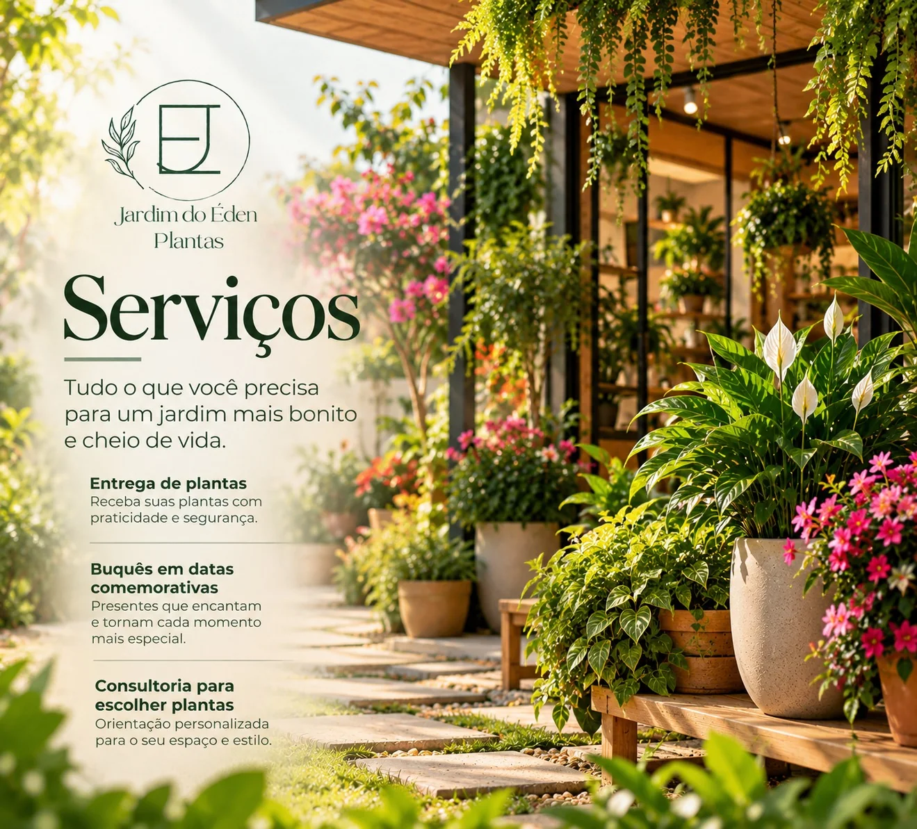 Serviços: entrega de plantas, buquês em datas comemorativas e consultoria para escolher plantas